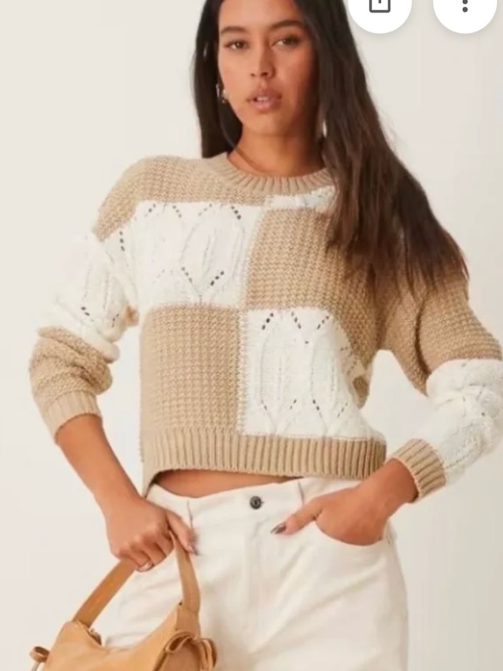 Altar’d State Chunky Two-Tone Cream cropped and Beige Cable Knit Sweater - Women